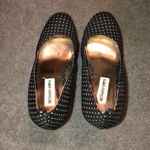 Black and white polka dot high wedged heels